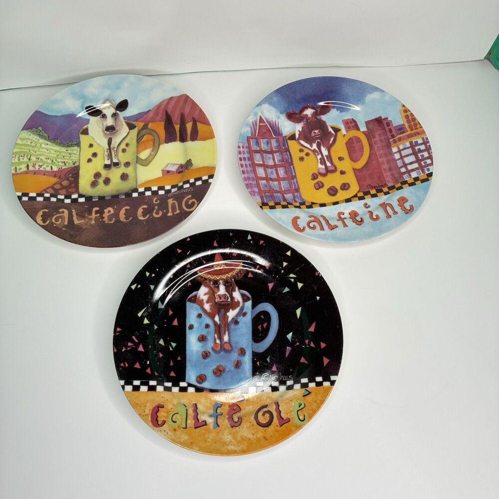 Sharon Neuhaus Calfee Mates Cow Coffee Calfeine Dessert or Salad 3 Plates 8”
